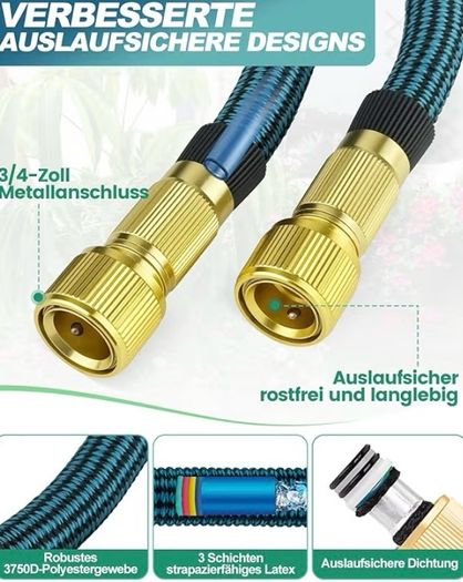 Garden Hose Pipe with 10 Function Nozzle - Upgraded 3-Layer Latex No-Kink Flexible Water Hose with 1/2" 3/4" Connectors, Expanding Water Hose for Gardening, Washing & Cleaning