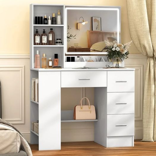 White Dressing Table with LED Mirror 3-Color Lights & Side Cabinet, 2-in-1 Makeup Vanity Desk and Nightstand with 4 Drawers & 6 Storage Shelves, Girls Vanity Table Bedroom Dresser, Large 90cm