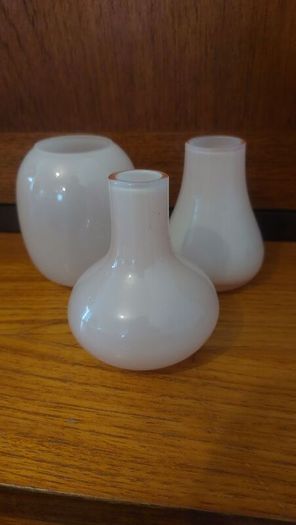 Lovely Set of Three Small Vintage Hand-Blown Glass Bud Vases in Pale Pink from Circa 1990