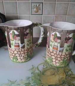Rare Pair Johnson Bros Friendly Village 3D Pitcher