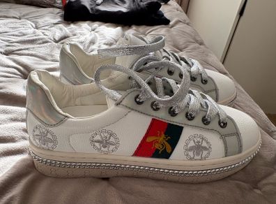 Fashion Design Superstar Silver White Golden Bee Embroidered Shoe Sneakers Sz 3.5uk