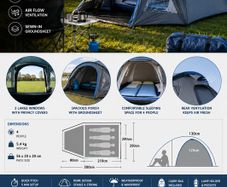 4 Person Dome Camping Tent With Porch Groundsheet And Windows Waterproof 3000mm