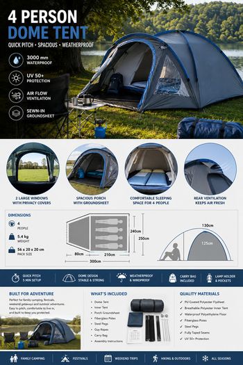 4 Person Dome Camping Tent With Porch Groundsheet And Windows Waterproof 3000mm