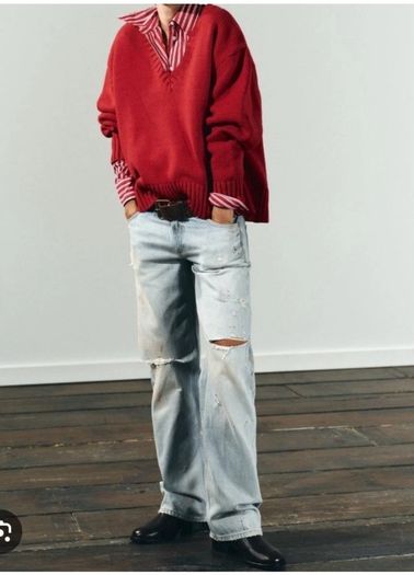 Zara Red Oversized V Neck Jumper  Size Large