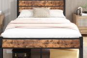 Double Bed Frame with Wooden Headboard and Footboard, Metal Wooden Bed Frame 4ft6 Under Bed Storage, No Box Spring Needed, Enhanced Support Noise Free (Black+Brown Oak