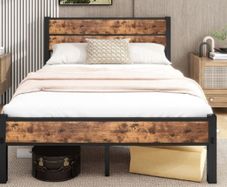 Double Bed Frame with Wooden Headboard and Footboard, Metal Wooden Bed Frame 4ft6 Under Bed Storage, No Box Spring Needed, Enhanced Support Noise Free (Black+Brown Oak
