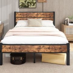 Double Bed Frame with Wooden Headboard and Footboard, Metal Wooden Bed Frame 4ft6 Under Bed Storage, No Box Spring Needed, Enhanced Support Noise Free (Black+Brown Oak