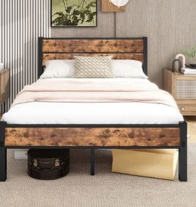 Double Bed Frame with Wooden Headboard and Footboard, Metal Wooden Bed Frame 4ft6 Under Bed Storage, No Box Spring Needed, Enhanced Support Noise Free (Black+Brown Oak