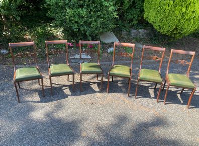 Set of 6 Mahogany Dining Chairs with Green Leather Seats