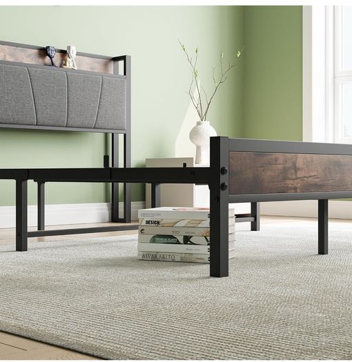 Double Bed Frames with Storage Headboard,Heavy Duty Metal Upholstered Platform Bed Frame