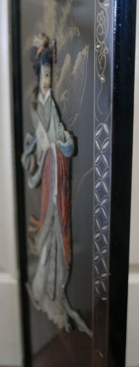 Vintage large Japanese Mother of Pearl Wall Panel / Black Lacquer Geisha Warrior & Floral ORIENTAL WALL ART