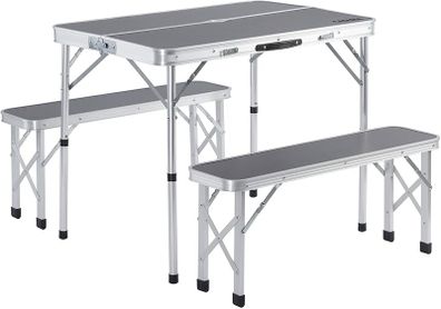 3-piece Aluminium Camping Table Set Folding 2 Benches Carry Handle Garden Foldable, grey