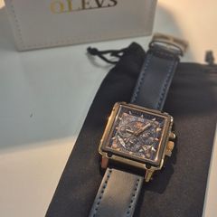 OLEVS men's chronograph watch - black dial and leather strap