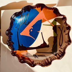 Vintage Mid-Century Vallauris Style Ceramic Bowl Plate 29cm Abstract Studio Pottery