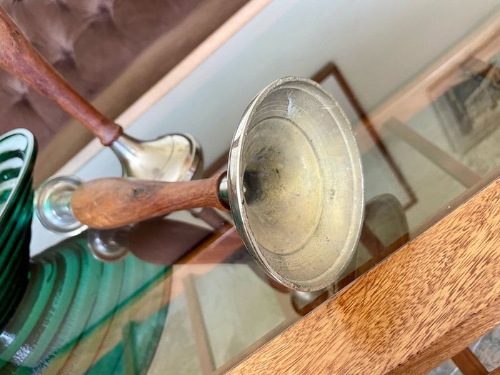 Vintage Tall Pair of Silver Metal and Wooden Candlestick Holders