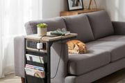 C-Shaped Side Table with Charging Station, 2 USB &amp; AC Outlets, Coffee Bedside Table with Cloth Storage Bag for Small Spaces, Sofa, Living Room, Bedroom, Grey