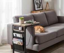 C-Shaped Side Table with Charging Station, 2 USB & AC Outlets, Coffee Bedside Table with Cloth Storage Bag for Small Spaces, Sofa, Living Room, Bedroom, Grey