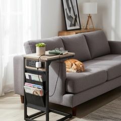 C-Shaped Side Table with Charging Station, 2 USB & AC Outlets, Coffee Bedside Table with Cloth Storage Bag for Small Spaces, Sofa, Living Room, Bedroom, Grey