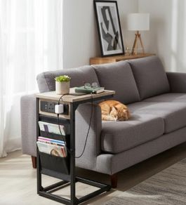 C-Shaped Side Table with Charging Station, 2 USB & AC Outlets, Coffee Bedside Table with Cloth Storage Bag for Small Spaces, Sofa, Living Room, Bedroom, Grey