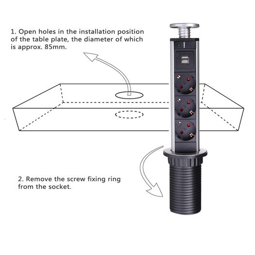 EU Plug PULL UP 3 Power Socket 2 USB 16A Charging Port Kitchen Table Desktop Sockets Retractable Countertops Worktop