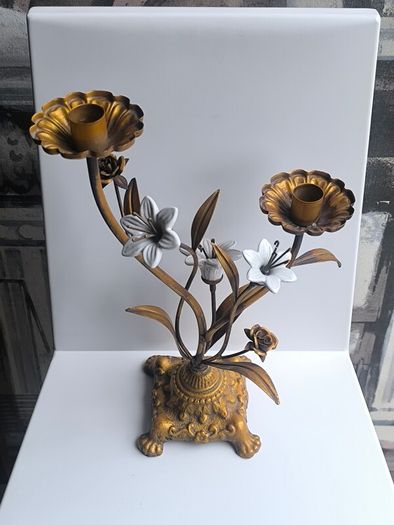 Antique 1930s French Botanical Gilt Metal & Porcelain Candelabra