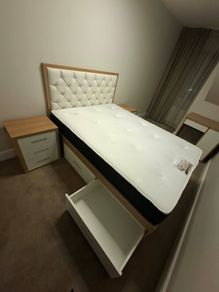 New and Unused Bedroom Set: Storage Bed, Mattress, Desk and 2 Bedside Lockers