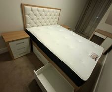 New and Unused Bedroom Set: Storage Bed, Mattress, Desk and 2 Bedside Lockers