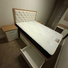 New and Unused Bedroom Set: Storage Bed, Mattress, Desk and 2 Bedside Lockers