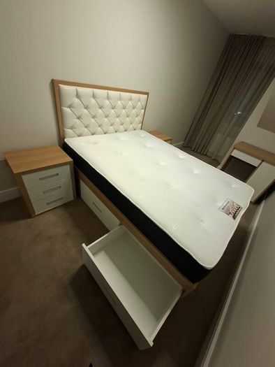 New and Unused Bedroom Set: Storage Bed, Mattress, Desk and 2 Bedside Lockers
