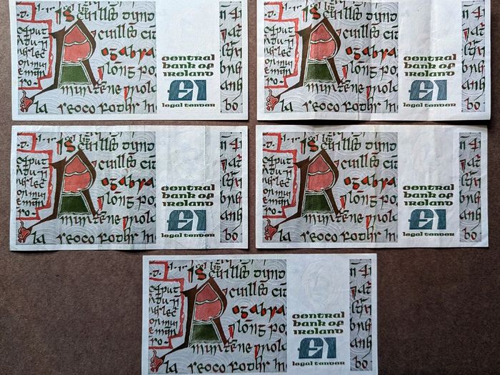 IRELAND - Lot Set of 5 Banknotes: 1 Pound Punt 1980-1989 P 70 (VF-UNC)
