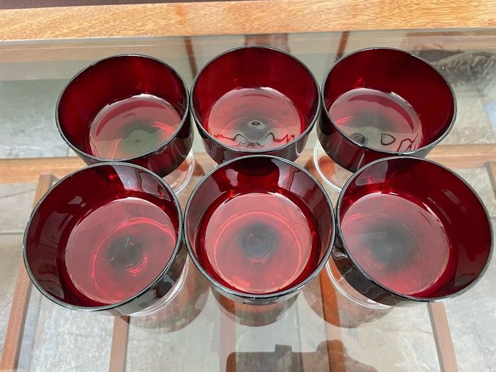 6 Vintage MCM Luminarc Cavalier Ruby Red with Smoked Glass Bowl Dessert Glasses Sherbet Cups French 1960 70s