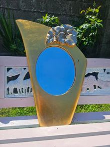 Vintage Mid-Century Modern Asymmetrical Gold Shield Wall Mirror with Floral Detail (70cm x 50cm)