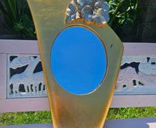 Vintage Mid-Century Modern Asymmetrical Gold Shield Wall Mirror with Floral Detail (70cm x 50cm)