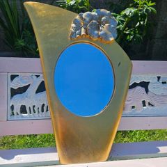Vintage Mid-Century Modern Asymmetrical Gold Shield Wall Mirror with Floral Detail (70cm x 50cm)