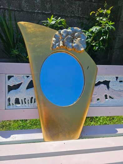 Vintage Mid-Century Modern Asymmetrical Gold Shield Wall Mirror with Floral Detail (70cm x 50cm)
