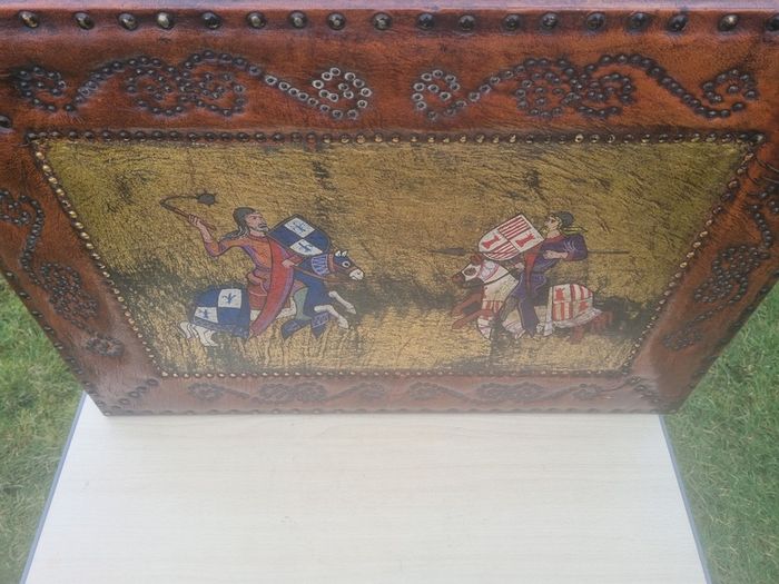 Vintage large leather painting of a medieval knights duel