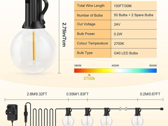 SPRING SALE | Outdoor String Lights Mains Powered - 100FT/30M G40 Garden Festoon Lights with 50+2 Shatterproof LED Bulbs Waterproof for Outside Patio Gazebo Pergola