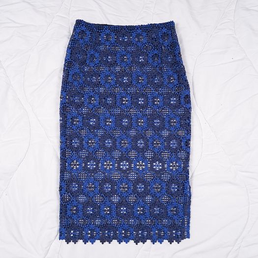Sandro Royal Blue & Navy Floral Guipure Crochet Lace Midi Pencil Skirt 8UK/36EU