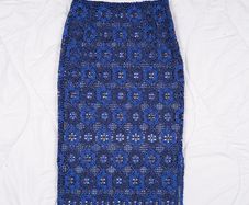 Sandro Royal Blue & Navy Floral Guipure Crochet Lace Midi Pencil Skirt 8UK/36EU