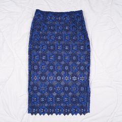 Sandro Royal Blue & Navy Floral Guipure Crochet Lace Midi Pencil Skirt 8UK/36EU