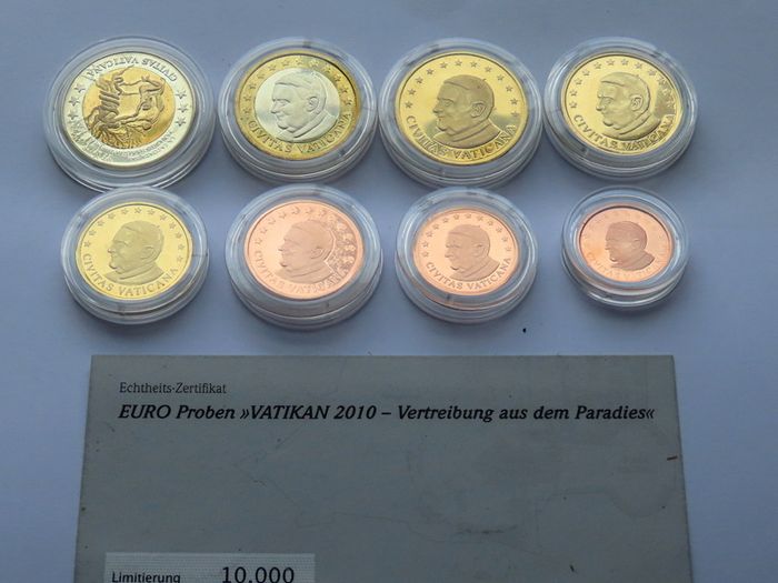 Vatican 2010 2 Adam & Eve probe euro in COMPLETE set Pattern coins  expulsion from Eden 2 euro Bi-Metal Specimen