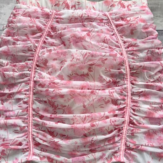 Oh Polly UK12 Pink Floral Ruched Mini Skirt Y2K Bodycon Mesh