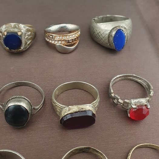 Antique Lot of 15 Handmade Brass Rings Mixed Gemstone & Glass Designs