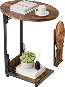 Foldable Side Table Bedside Table, Round Sofa Table with Storage Bag, Metal Frame Small Coffee Table for Living Room Bedroom Office, Rustic Brown & Black