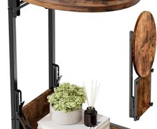 Foldable Side Table Bedside Table, Round Sofa Table with Storage Bag, Metal Frame Small Coffee Table for Living Room Bedroom Office, Rustic Brown & Black