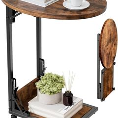 Foldable Side Table Bedside Table, Round Sofa Table with Storage Bag, Metal Frame Small Coffee Table for Living Room Bedroom Office, Rustic Brown & Black