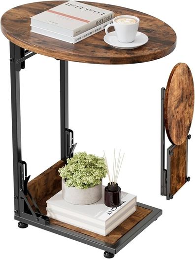 Foldable Side Table Bedside Table, Round Sofa Table with Storage Bag, Metal Frame Small Coffee Table for Living Room Bedroom Office, Rustic Brown & Black