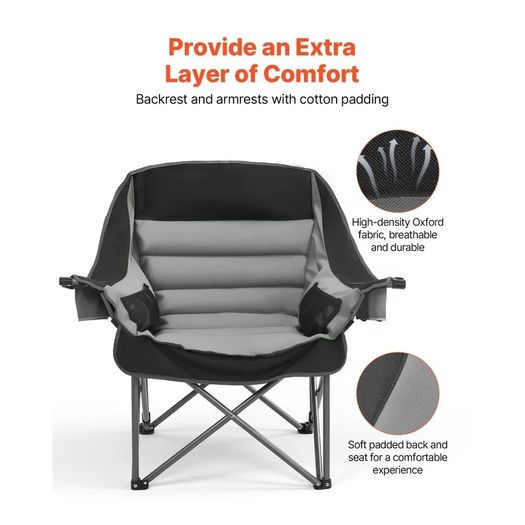 Oversized Camping Chairs, 204 kg Heavy Duty Support, Portable Padded Folding Camp Chairs with Dual Cup Holders & Wine Glass Holders, Carry Bag for Outdoor, Fishing, Black & Gray, 1 Pack