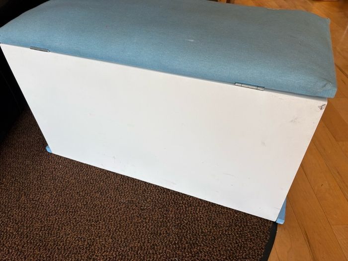 x2 Toy storage boxes Personalized white toy box features a light blue cushioned seat, the name "Jack" and pirate plastic box with lead