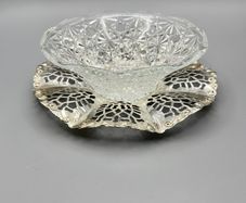 Vintage Etched Glass Serving Bowl with Plate